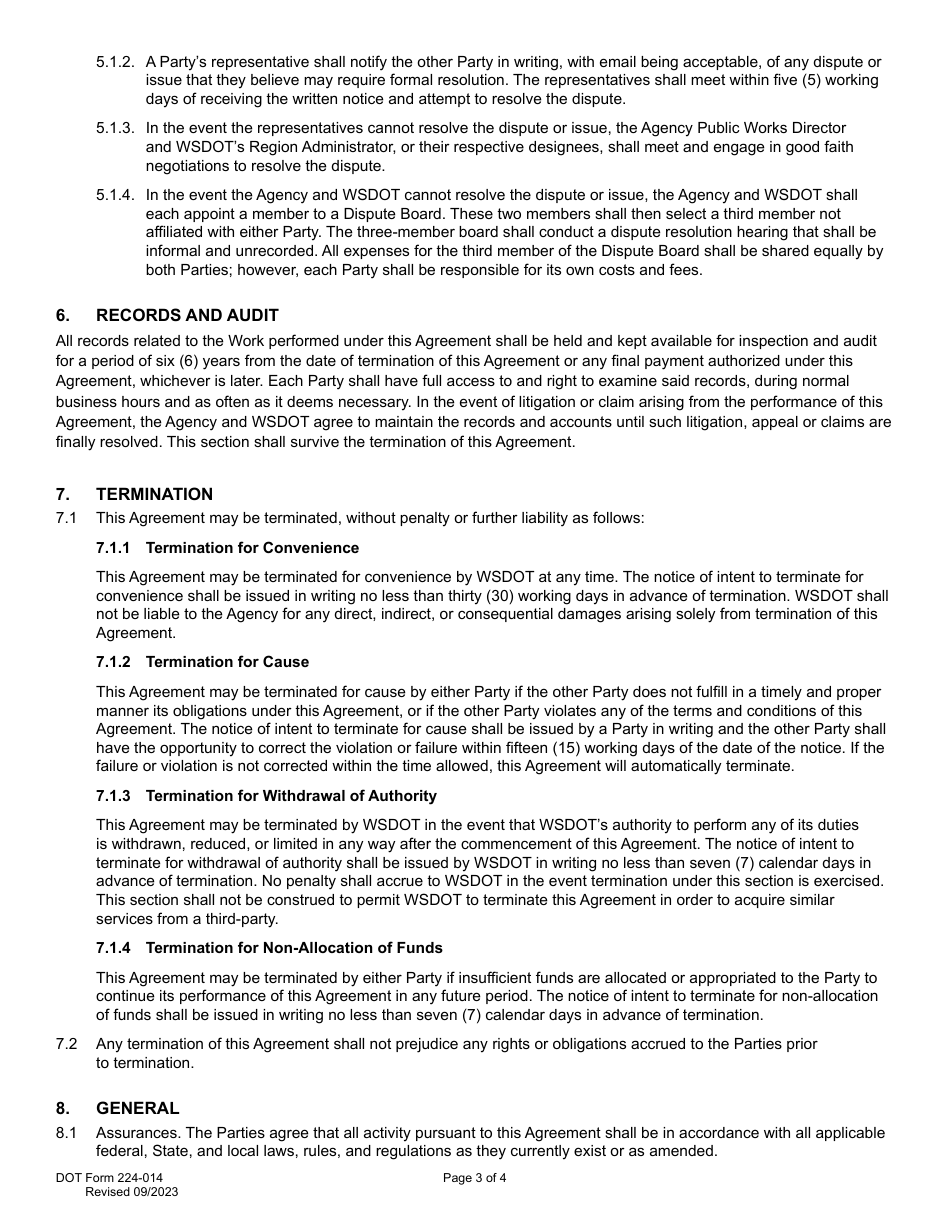 DOT Form 224-014 Agency Haul Road / Detour Agreement - Washington, Page 3