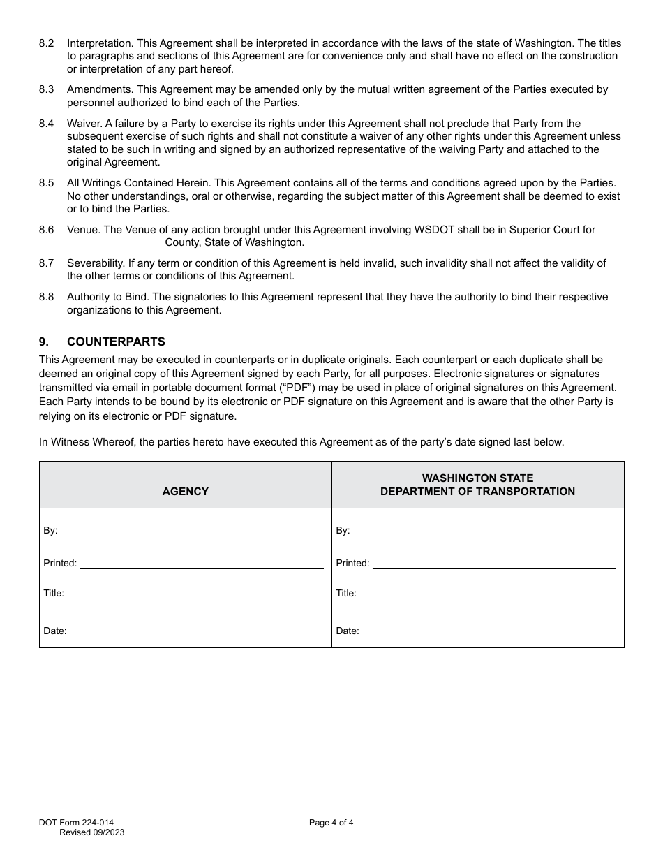 DOT Form 224-014 Agency Haul Road / Detour Agreement - Washington, Page 4