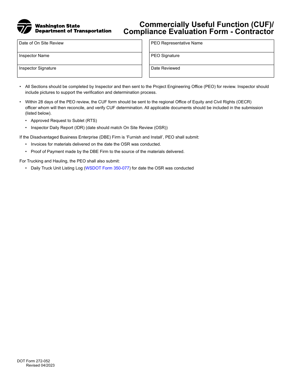 DOT Form 272-052 Commercially Useful Function (Cuf) / Compliance Evaluation Form - Contractor - Washington, Page 1