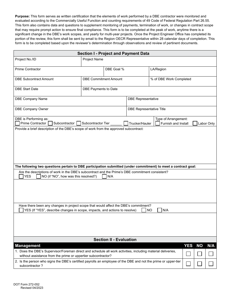 DOT Form 272-052 Commercially Useful Function (Cuf) / Compliance Evaluation Form - Contractor - Washington, Page 2