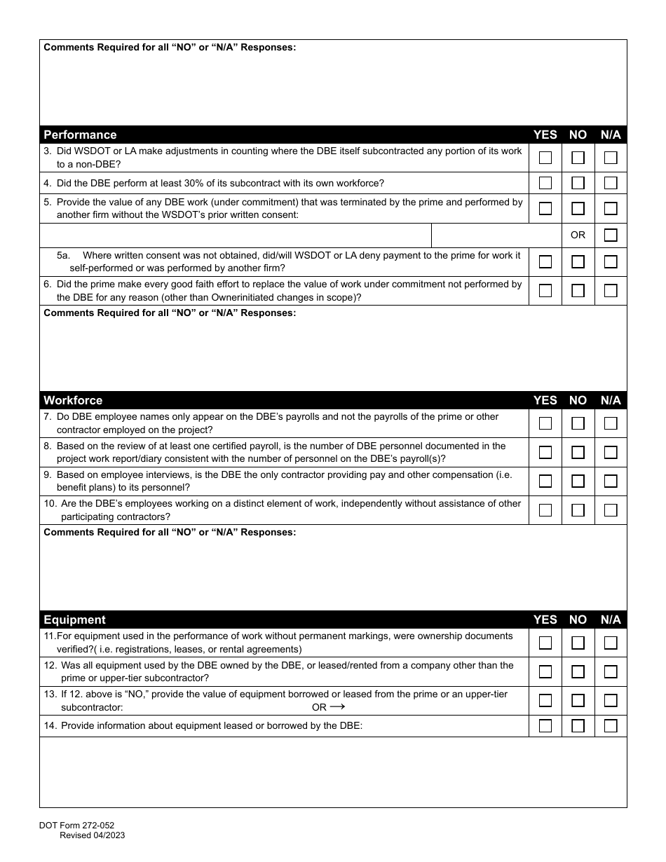 DOT Form 272-052 Commercially Useful Function (Cuf) / Compliance Evaluation Form - Contractor - Washington, Page 3