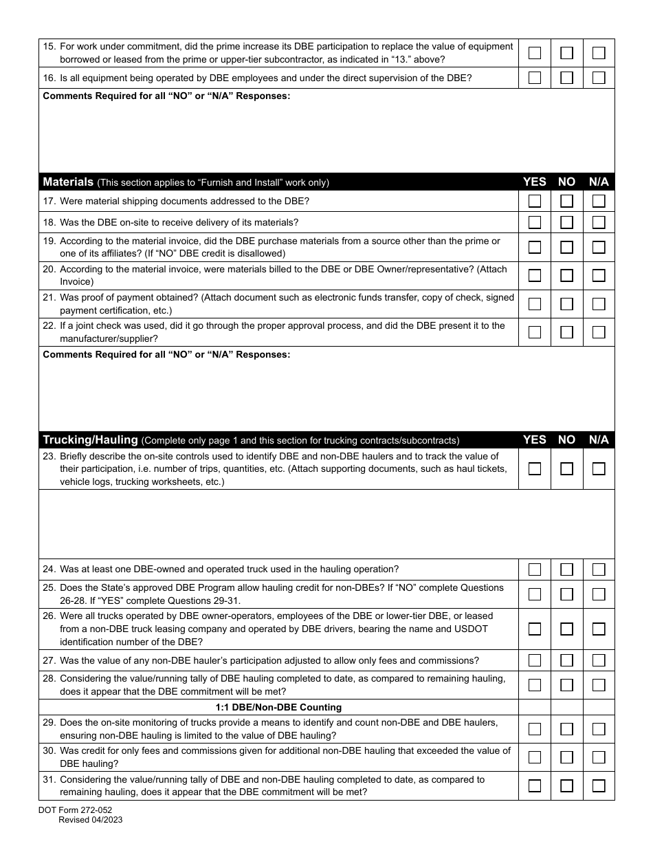 DOT Form 272-052 Commercially Useful Function (Cuf) / Compliance Evaluation Form - Contractor - Washington, Page 4