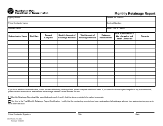 Document preview: DOT Form 272-065 Monthly Retainage Report - Washington