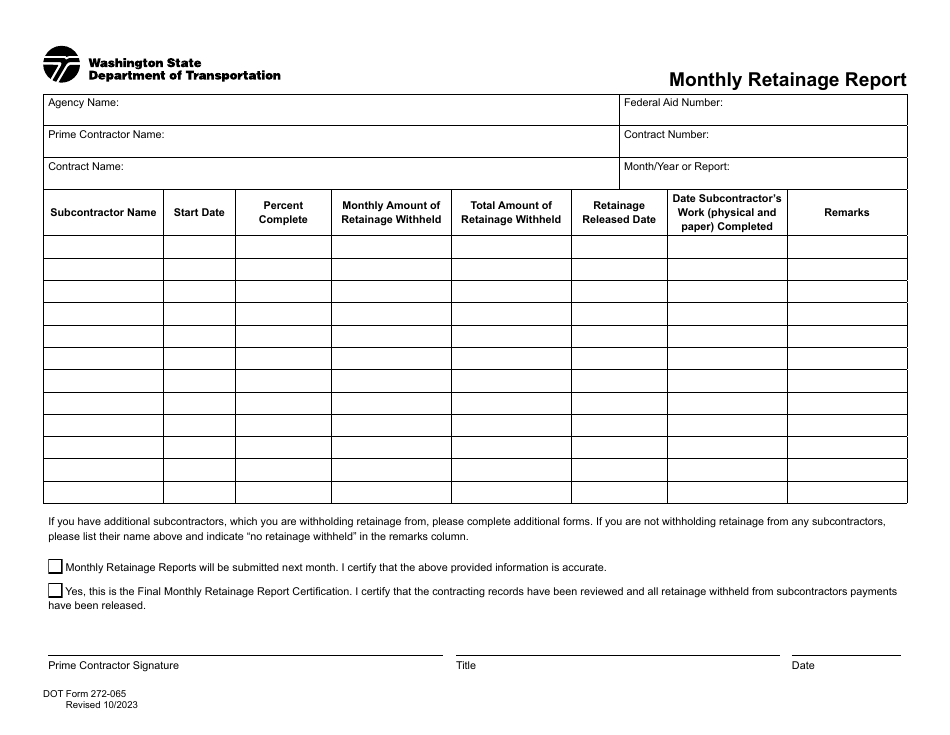 DOT Form 272-065 Monthly Retainage Report - Washington, Page 1