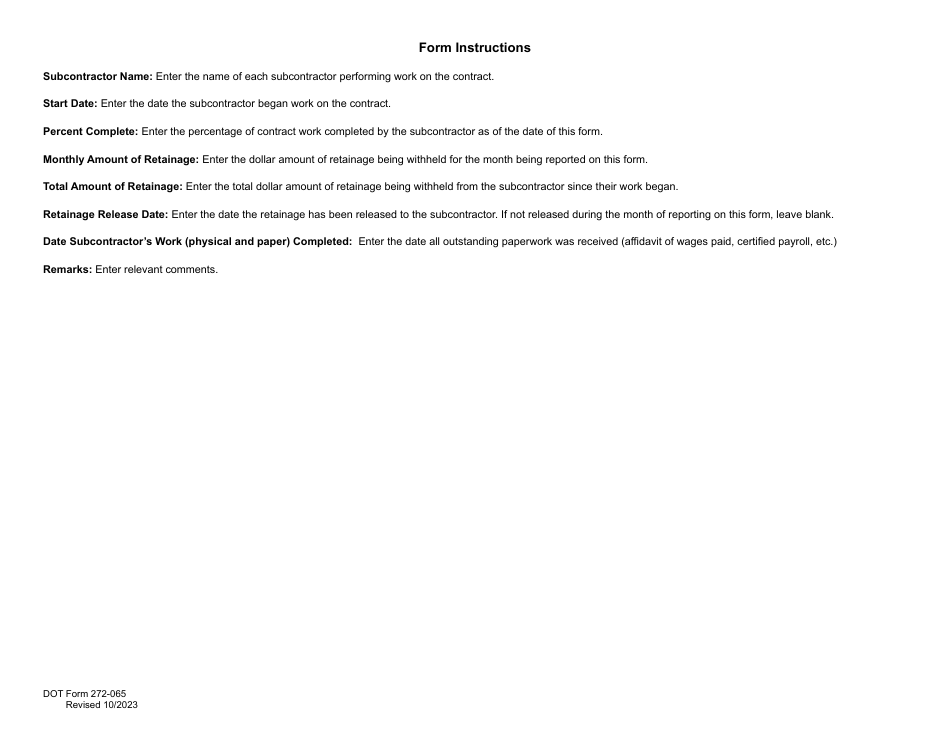 DOT Form 272-065 Monthly Retainage Report - Washington, Page 2