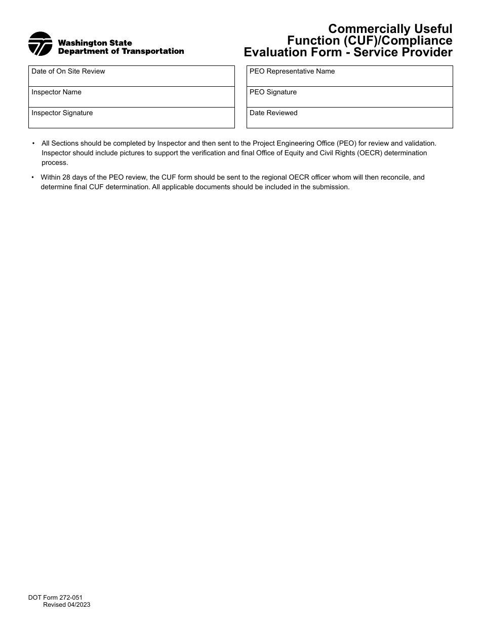 DOT Form 272-051 Commercially Useful Function (Cuf) / Compliance Evaluation Form - Service Provider - Washington, Page 1