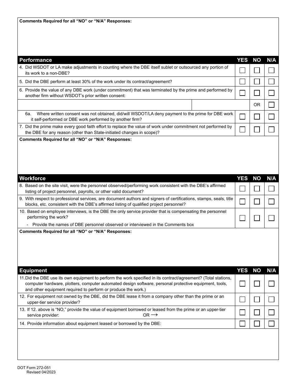 DOT Form 272-051 Commercially Useful Function (Cuf) / Compliance Evaluation Form - Service Provider - Washington, Page 3