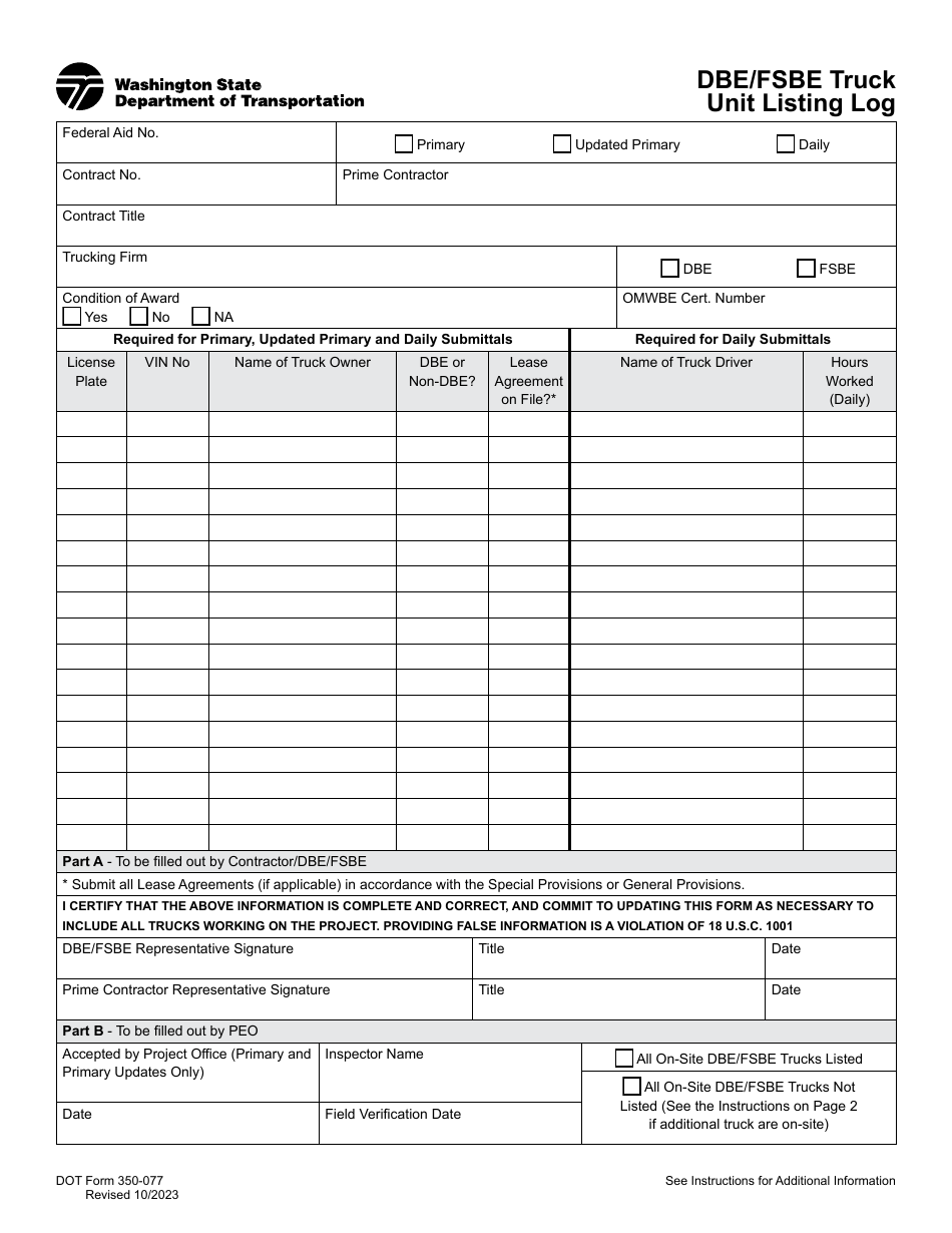 DOT Form 350-077 Dbe / Fsbe Truck Unit Listing Log - Washington, Page 1
