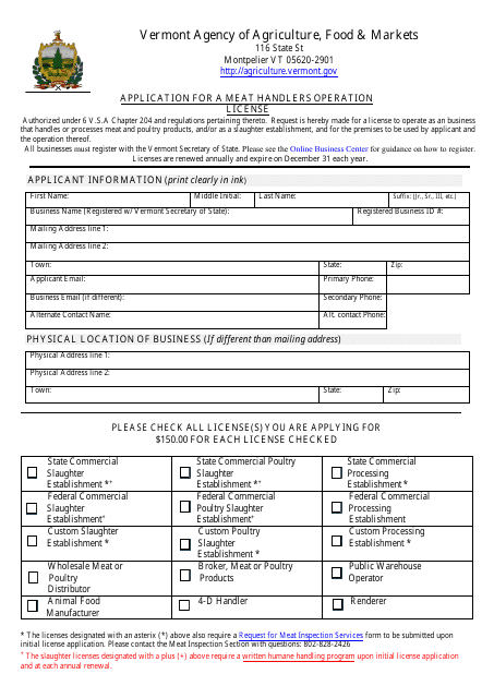 Application for a Meat Handlers Operation License - Vermont