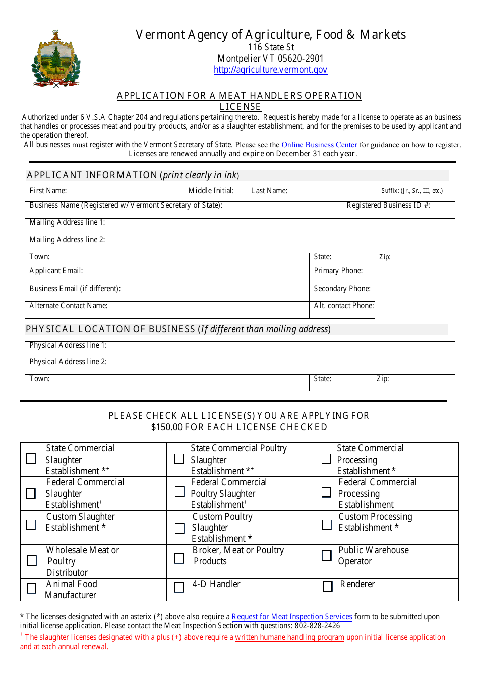 Application for a Meat Handlers Operation License - Vermont, Page 1