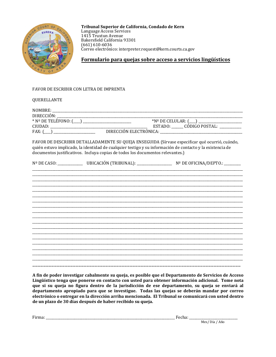 Formulario Para Quejas Sobre Acceso a Servicios Linguisticos - County of Kern, California (Spanish), Page 1
