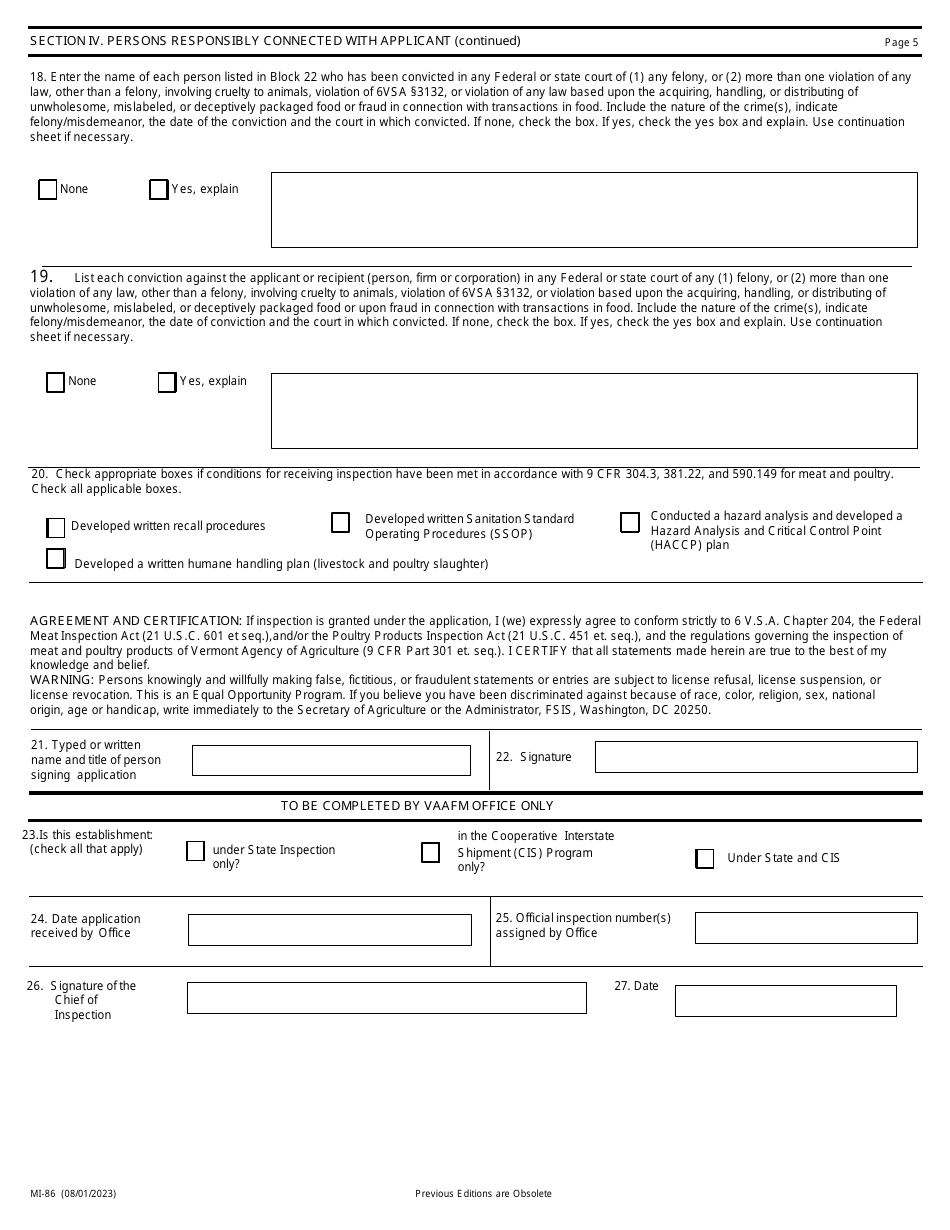Form MI-86 Request for Meat Inspection Services (Meat and Poultry) - Vermont, Page 5