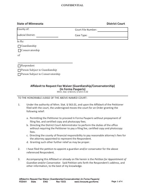 Form FEE401 Affidavit to Request Fee Waiver (Guardianship/Conservatorship) (In Forma Pauperis) - Minnesota