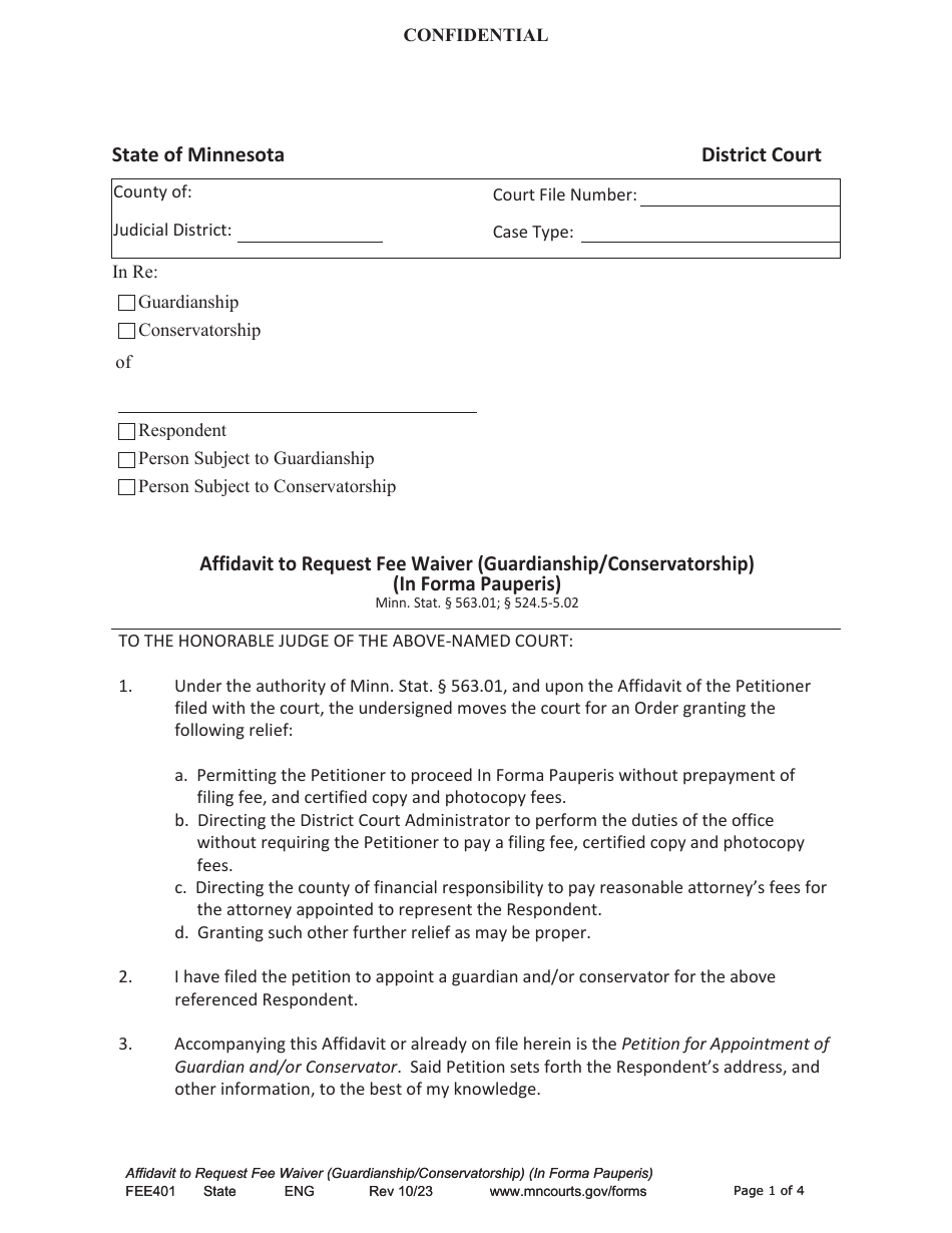 Form FEE401 Affidavit to Request Fee Waiver (Guardianship / Conservatorship) (In Forma Pauperis) - Minnesota, Page 1