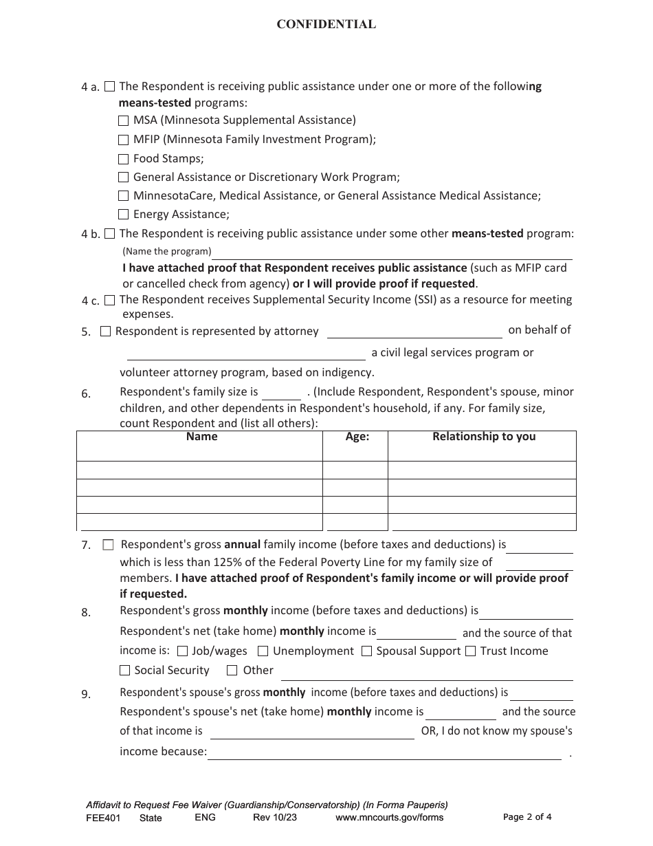 Form FEE401 Affidavit to Request Fee Waiver (Guardianship / Conservatorship) (In Forma Pauperis) - Minnesota, Page 2