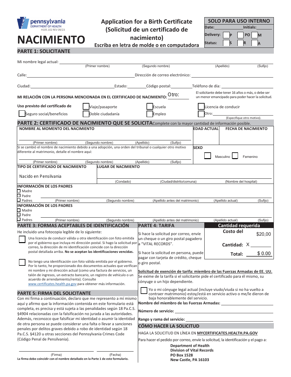 Formulario H105.102 Solicitud De Un Certificado De Nacimiento - Pennsylvania (Spanish), Page 1