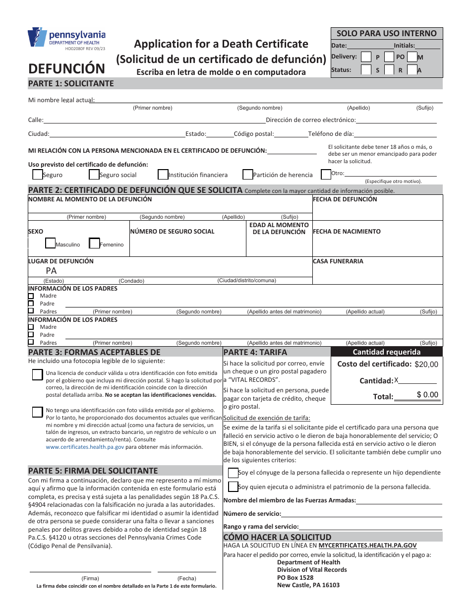 Formulario HD02080F Solicitud De Un Certificado De Defuncion - Pennsylvania (Spanish), Page 1