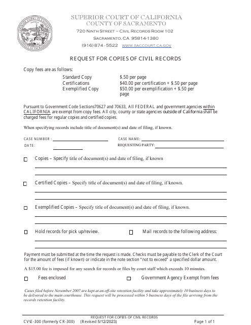 Form CV/E-300 Request for Copies of Civil Records - County of Sacramento, California