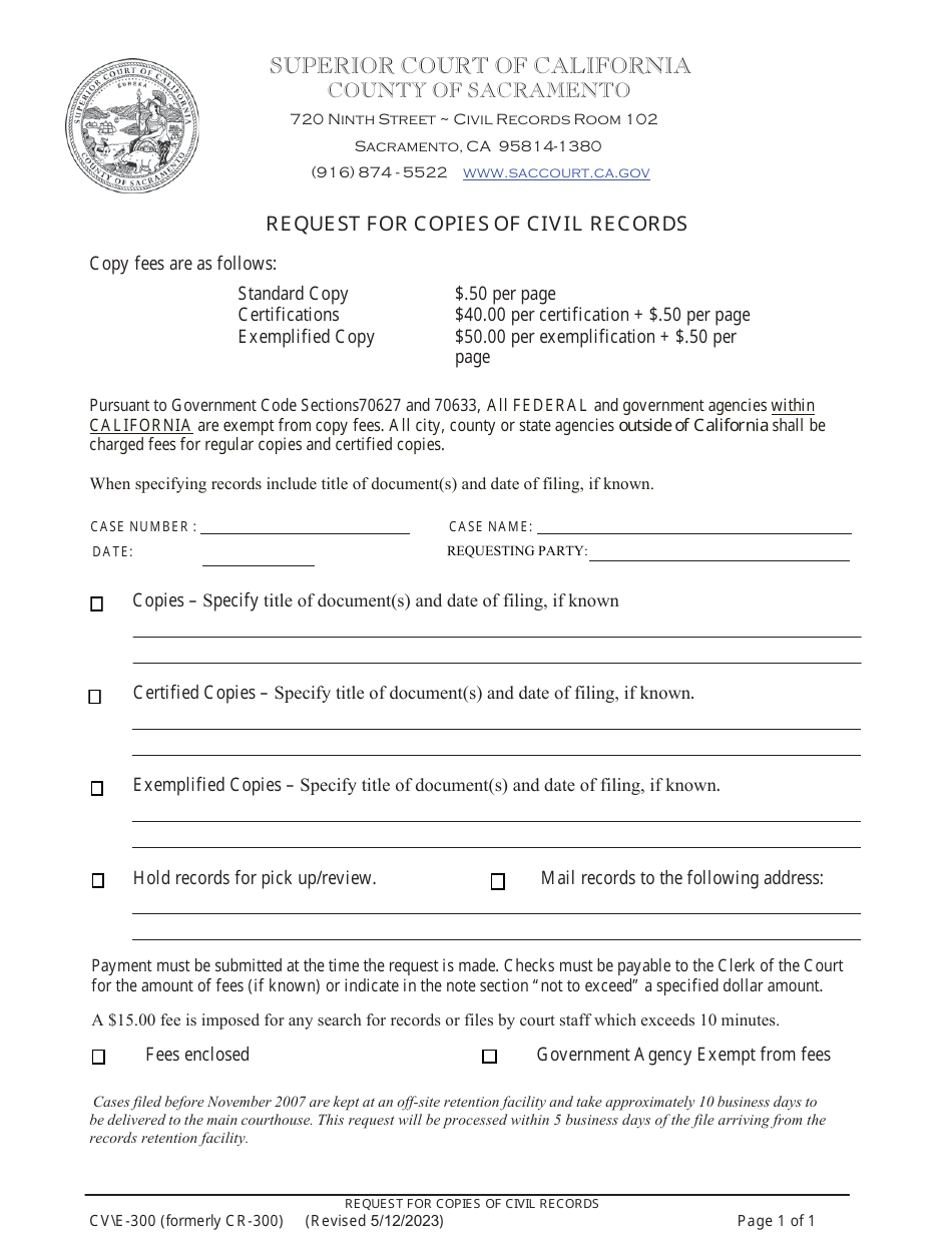 Form CV / E-300 Request for Copies of Civil Records - County of Sacramento, California, Page 1