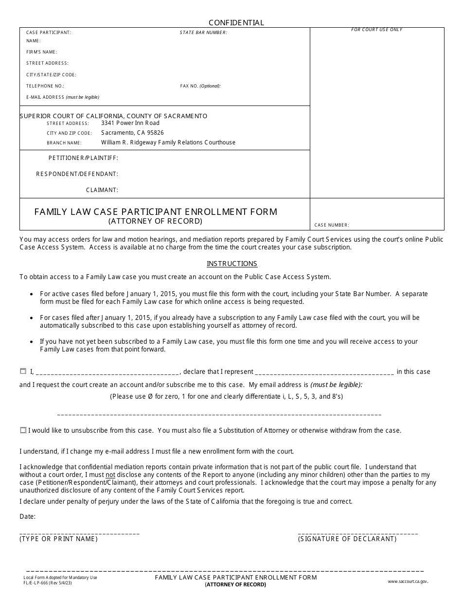 Form FL / E-LP-666 Family Law Case Participant Enrollment Form (Attorney of Record) - County of Sacramento, California, Page 1