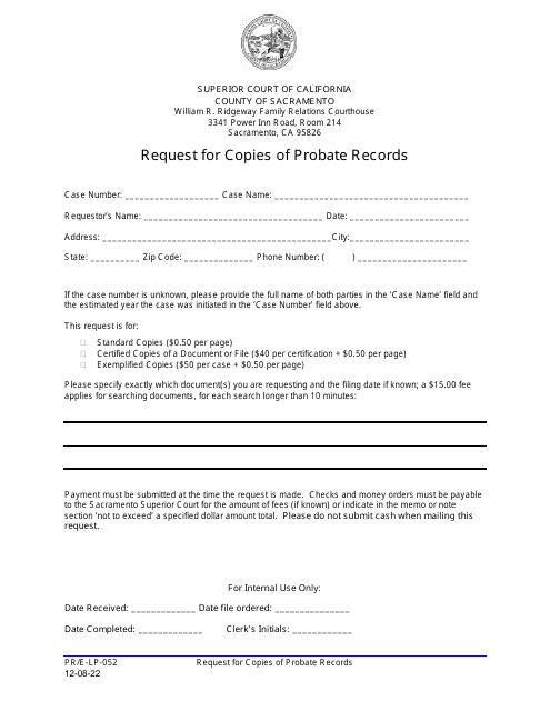 Form PR/E-LP-052 Request for Copies of Probate Records - County of Sacramento, California
