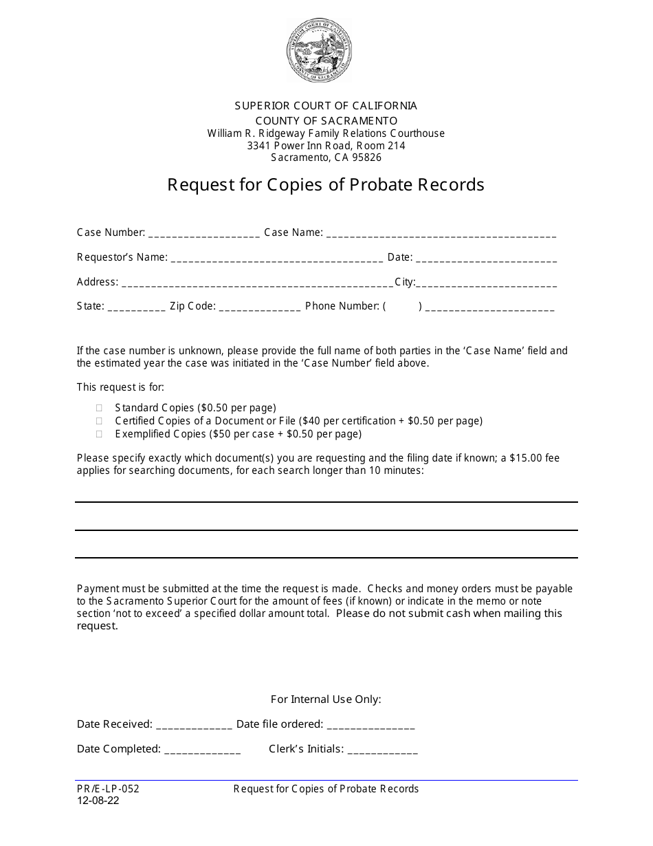 Form PR / E-LP-052 Request for Copies of Probate Records - County of Sacramento, California, Page 1