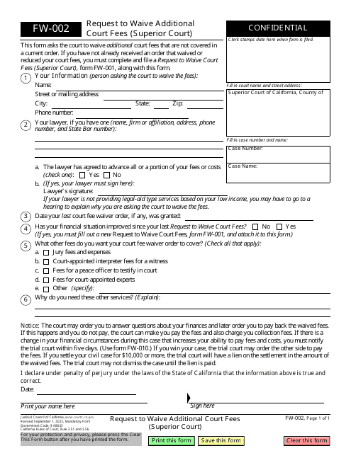 Form FW-002 Request to Waive Additional Court Fees (Superior Court) - California