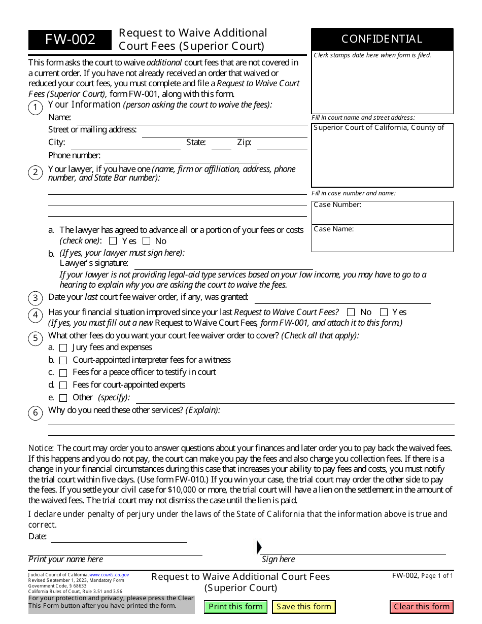 Form FW-002 Request to Waive Additional Court Fees (Superior Court) - California, Page 1
