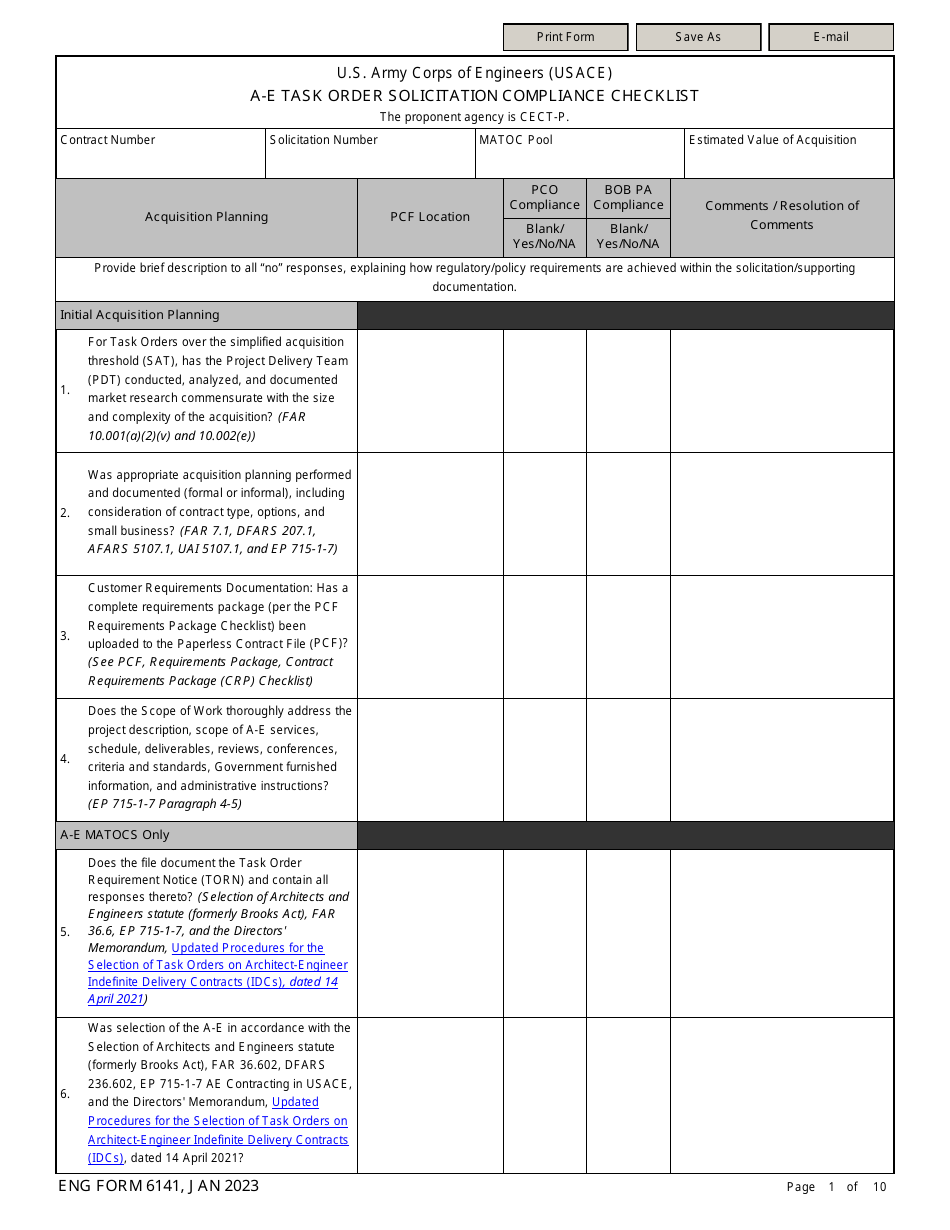 ENG Form 6141 A-E Task Order Solicitation Compliance Checklist, Page 1