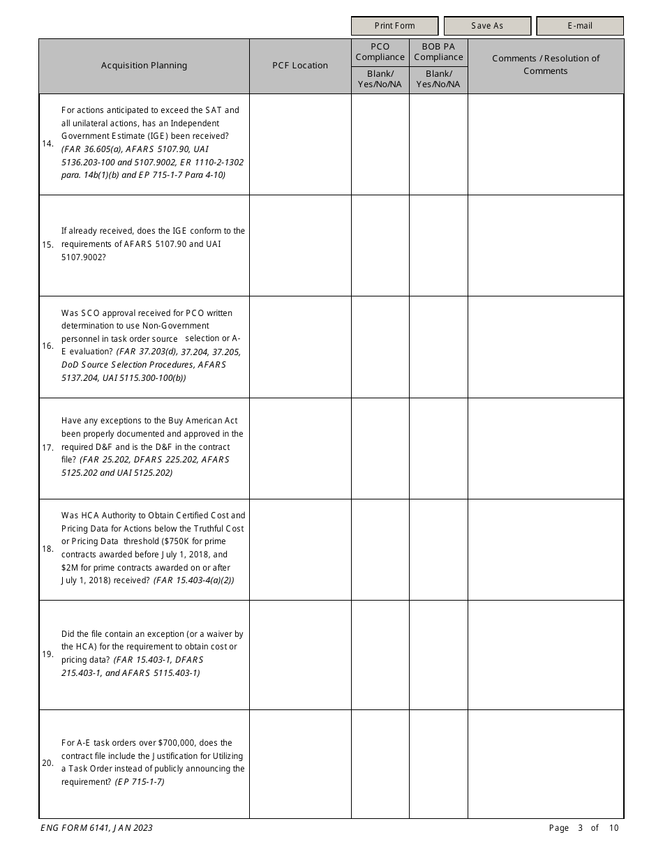 ENG Form 6141 A-E Task Order Solicitation Compliance Checklist, Page 3
