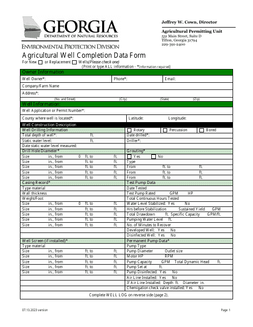 Agricultural Well Completion Data Form - Georgia (United States) Download Pdf