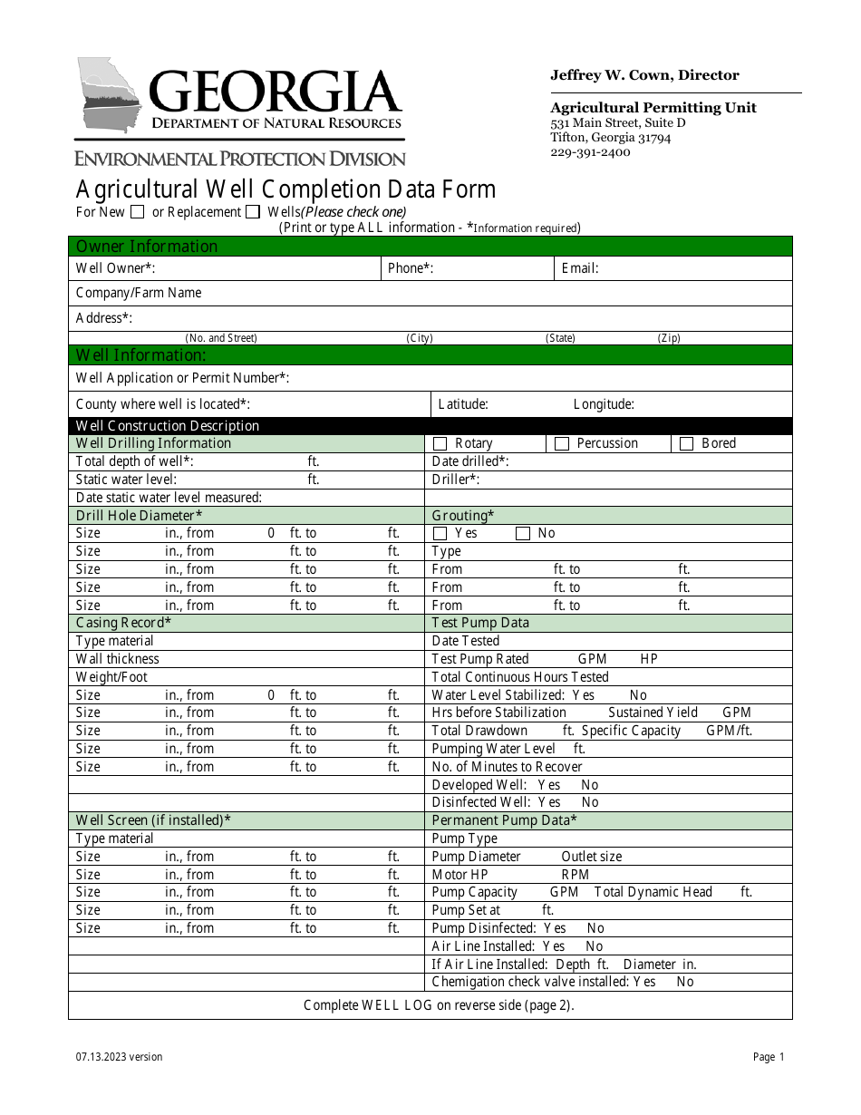 Agricultural Well Completion Data Form - Georgia (United States), Page 1