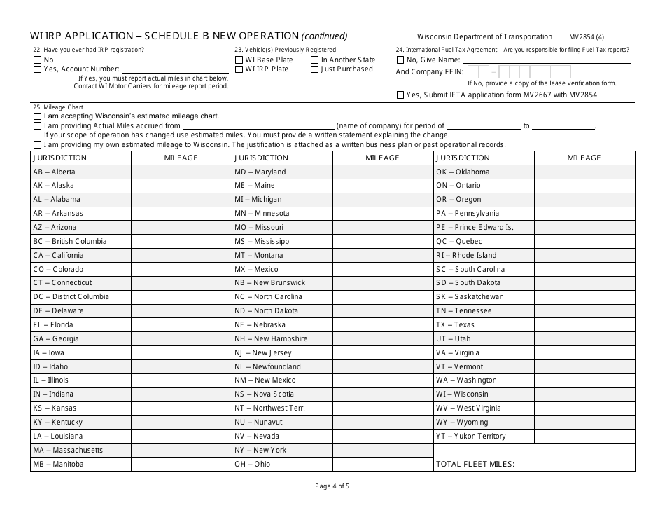 Form MV2854 Schedule B Wi Irp Application - New Operation - Wisconsin, Page 4