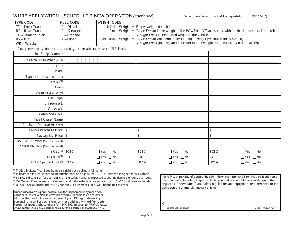 Form MV2854 Schedule B Download Fillable PDF Or Fill Online Wi Irp ...