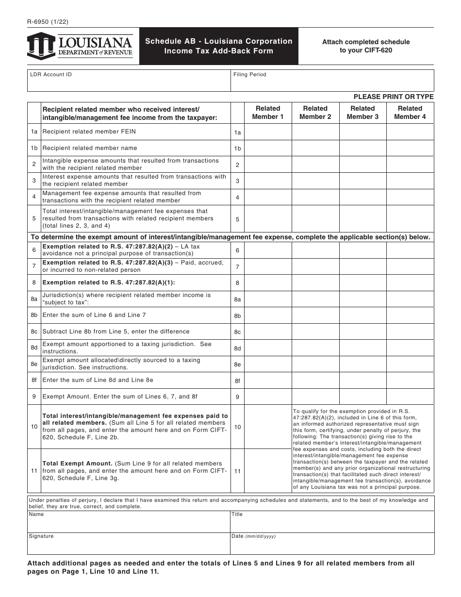 Form R-6950 Schedule AB Louisiana Corporation Income Tax Add-Back Form - Louisiana, Page 1
