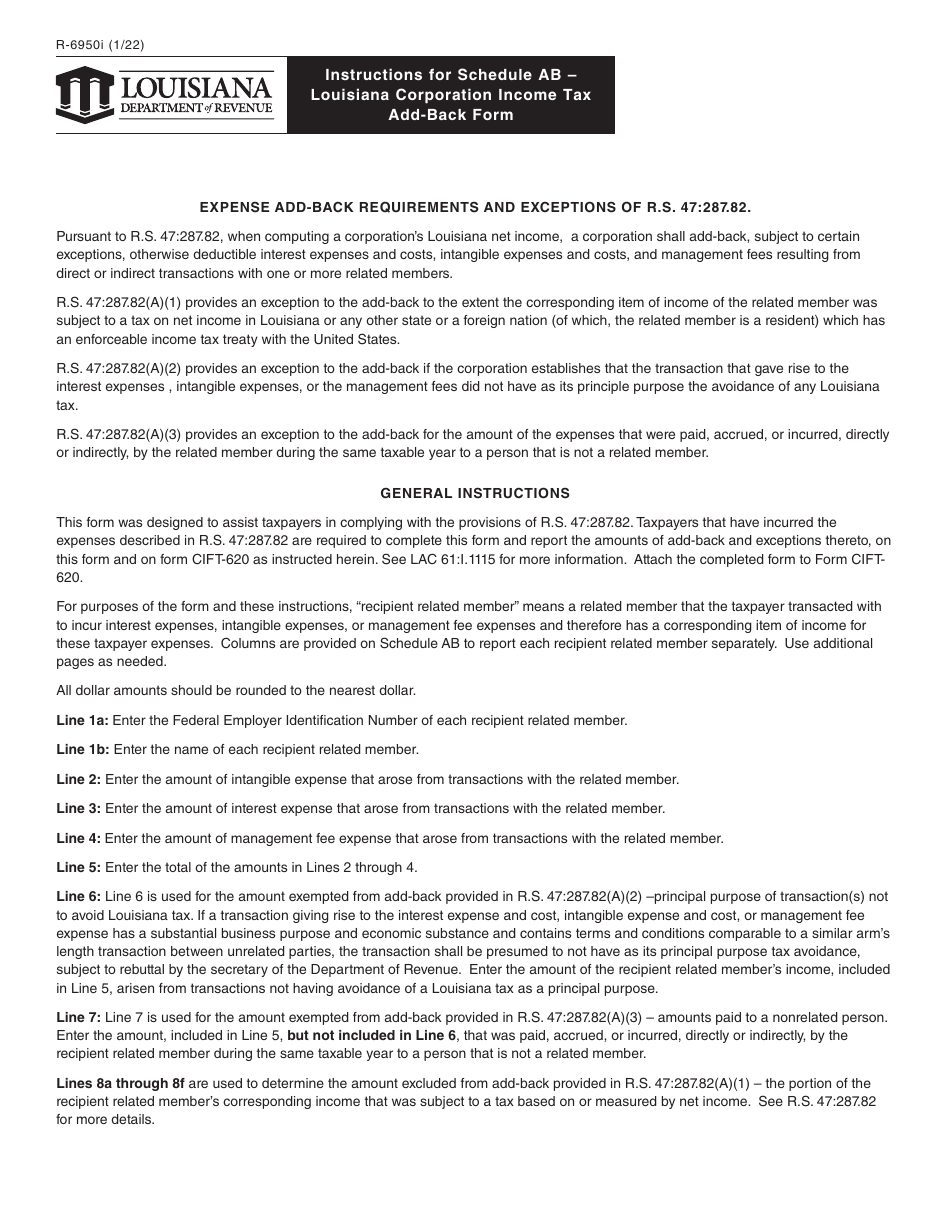 Form R-6950 Schedule AB Louisiana Corporation Income Tax Add-Back Form - Louisiana, Page 2