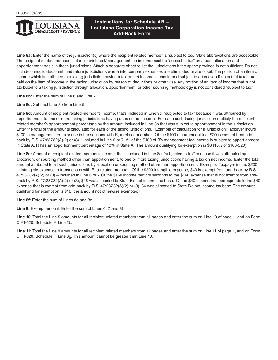 Form R-6950 Schedule AB Louisiana Corporation Income Tax Add-Back Form - Louisiana, Page 3
