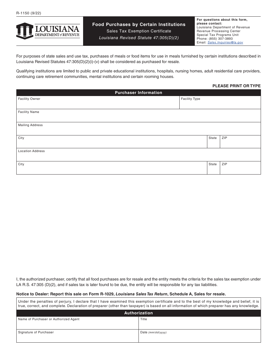Form R-1150 Food Purchases by Certain Institutions Sales Tax Exemption Certificate - Louisiana, Page 1