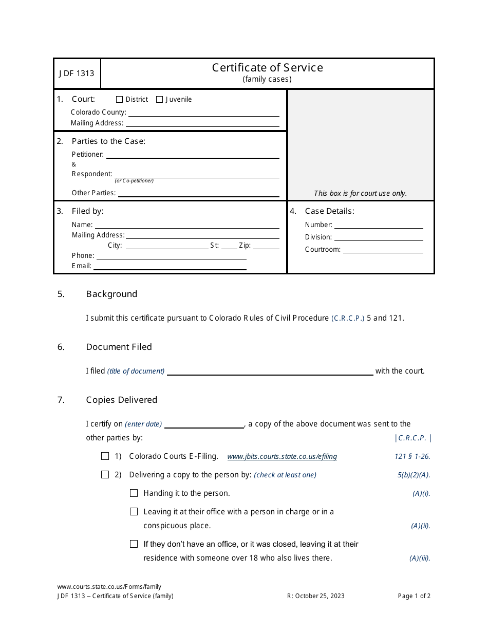 Form JDF1313 Certificate of Service (Family Cases) - Colorado, Page 1