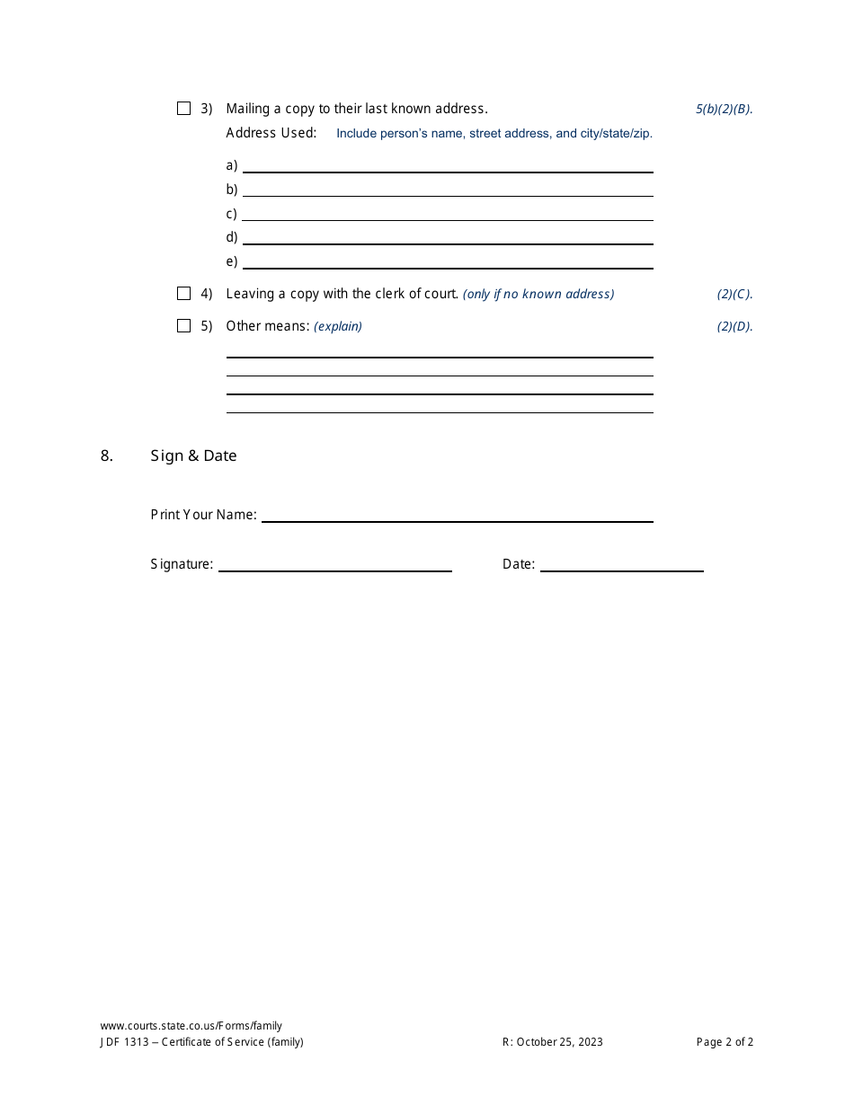 Form JDF1313 Certificate of Service (Family Cases) - Colorado, Page 2