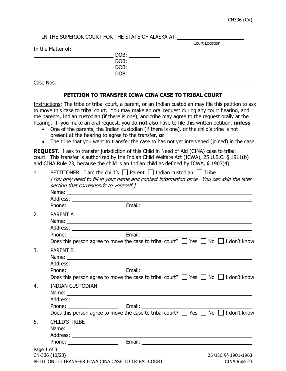 Form CN-336 Petition to Transfer Icwa Cina Case to Tribal Court - Alaska, Page 1