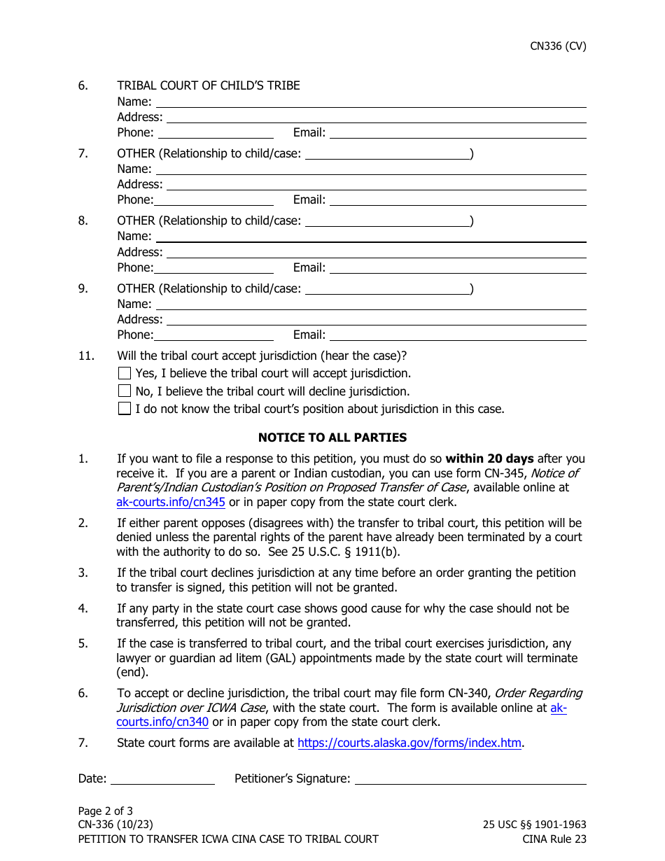 Form CN-336 Petition to Transfer Icwa Cina Case to Tribal Court - Alaska, Page 2