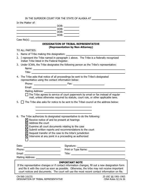 Form CN-560 Designation of Tribal Representative (Representation by Non-attorney) - Alaska