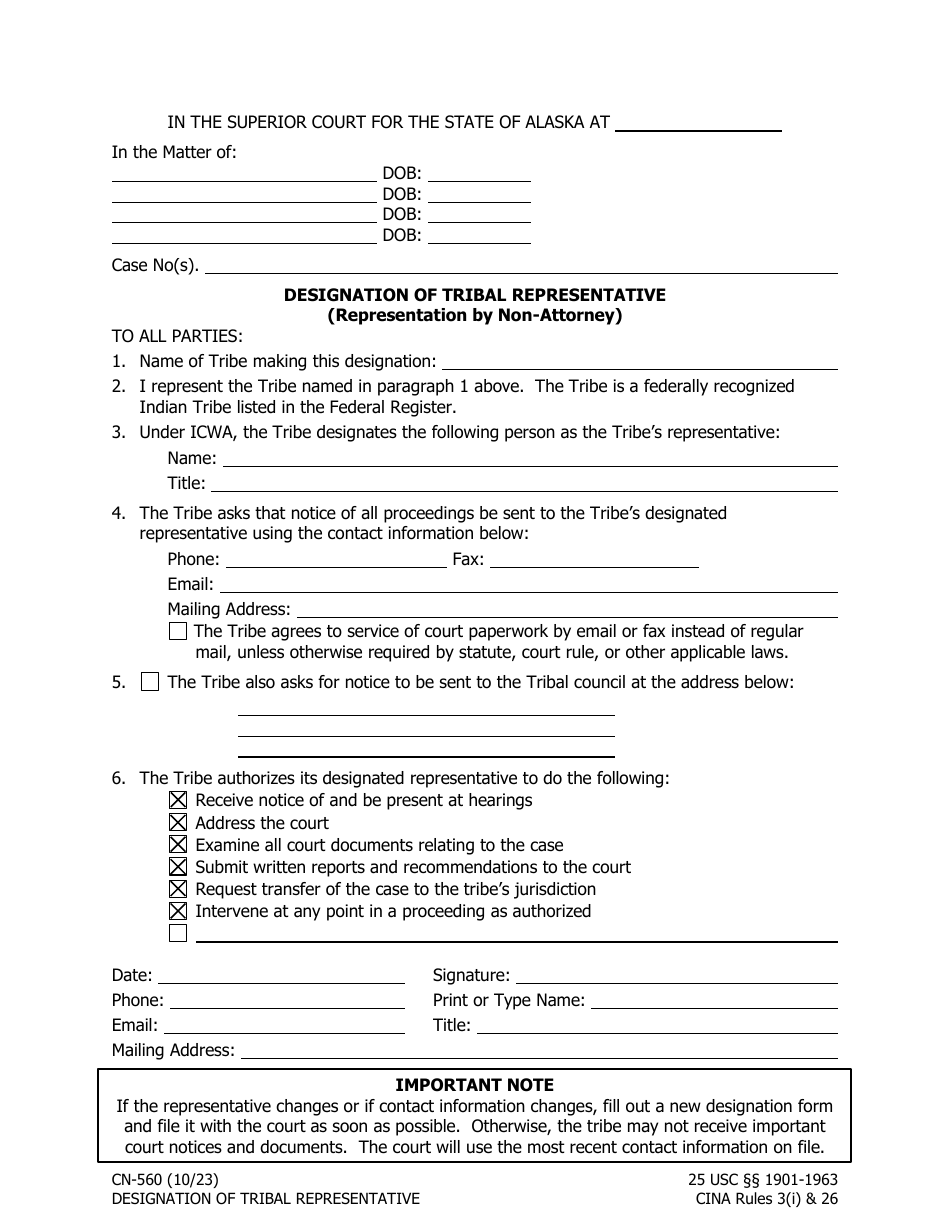 Form CN-560 Designation of Tribal Representative (Representation by Non-attorney) - Alaska, Page 1