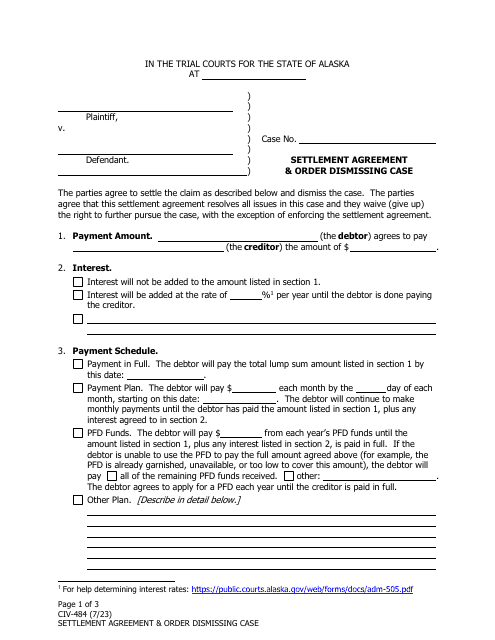 Form CIV-484 Settlement Agreement & Order Dismissing Case - Alaska