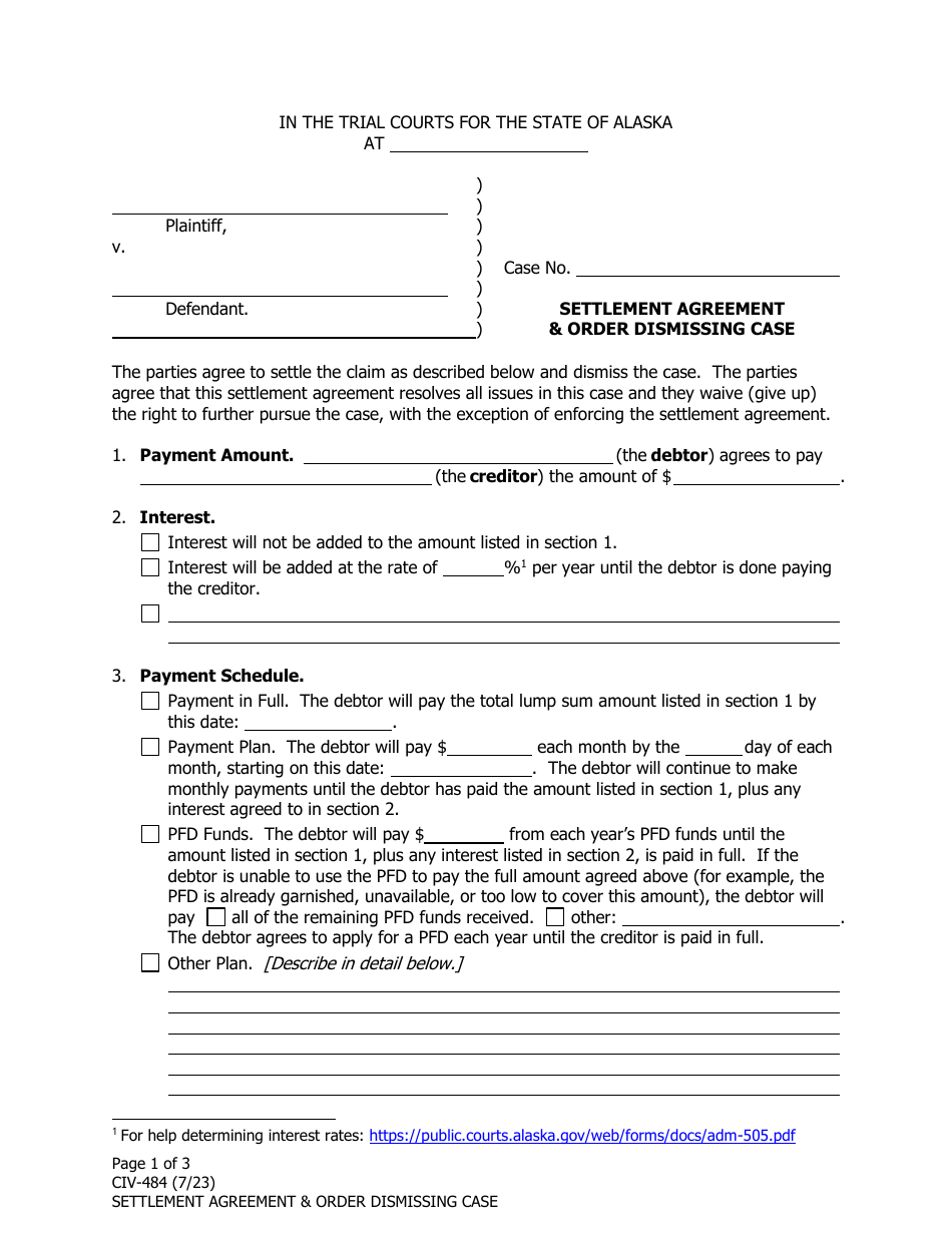 Form CIV-484 Settlement Agreement  Order Dismissing Case - Alaska, Page 1