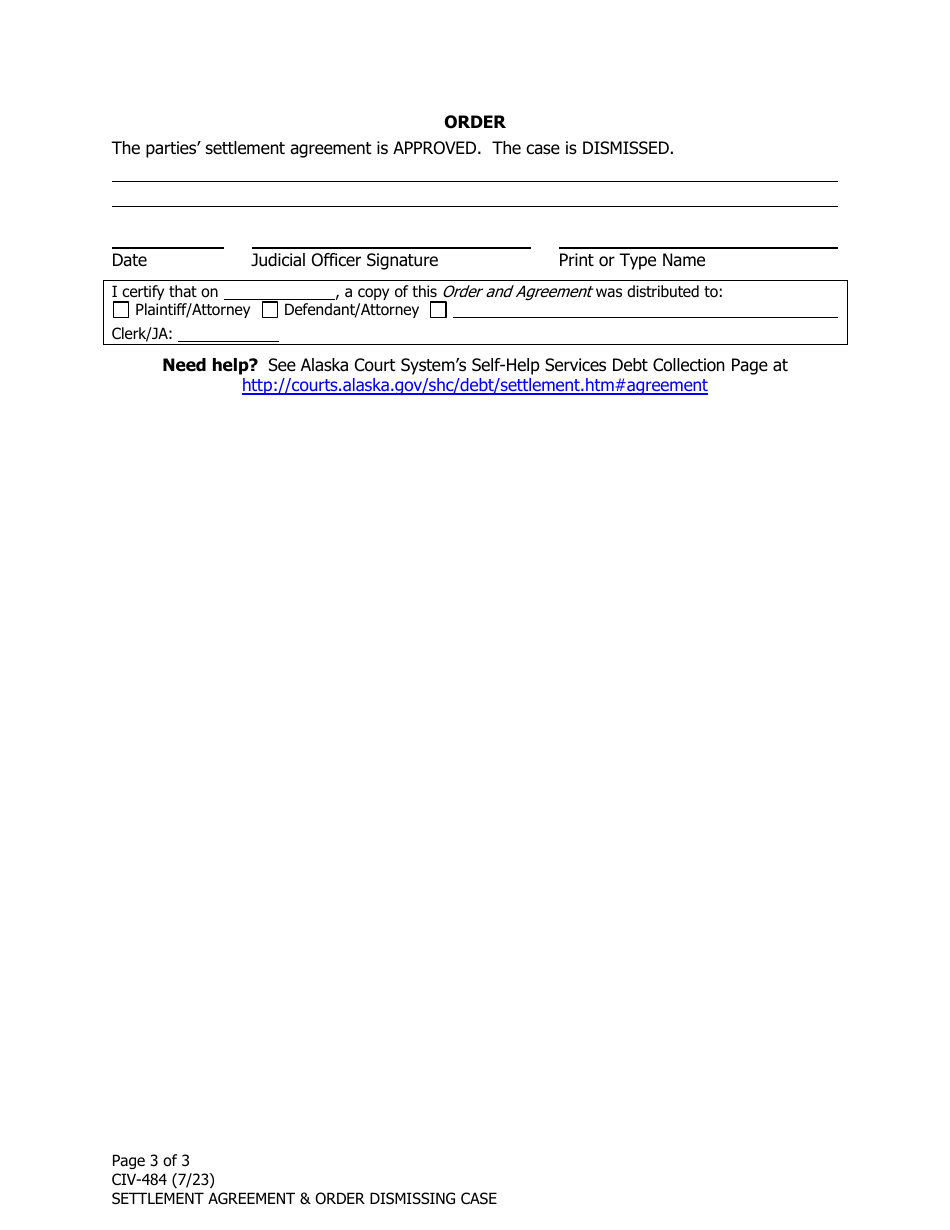Form CIV-484 Settlement Agreement  Order Dismissing Case - Alaska, Page 3