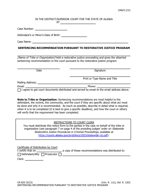 Form CR-825 Sentencing Recommendation Pursuant to Restorative Justice Program - Alaska