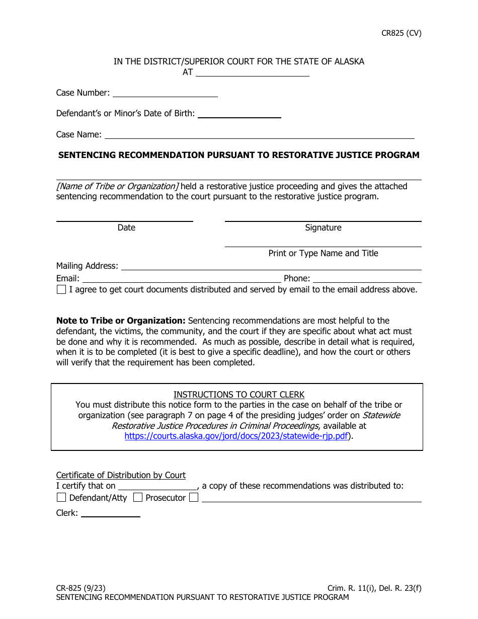 Form CR-825 Sentencing Recommendation Pursuant to Restorative Justice Program - Alaska, Page 1