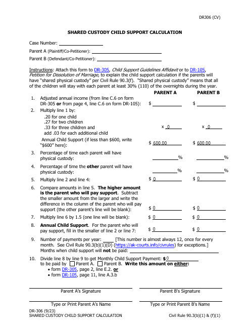 Form DR-306 Shared Custody Child Support Calculation - Alaska